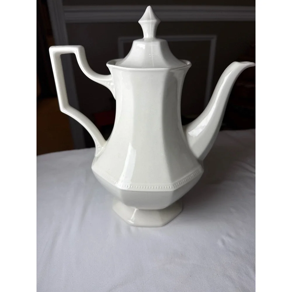 Vintage White Octagonal Ceramic Coffee Pot with Lid Beaded Trim 9.5 Inch